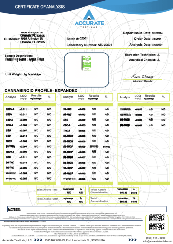Apple Treez Cartridge 1g THCp Pure P's - sold by Green Treez Company