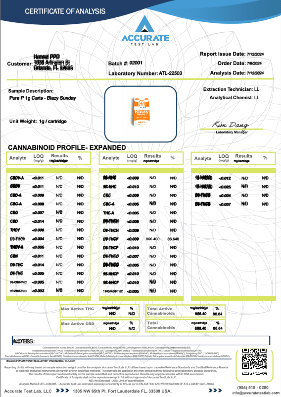 Blazy Sunday Cartridge 1g THCp Pure P's - sold by Green Treez Company