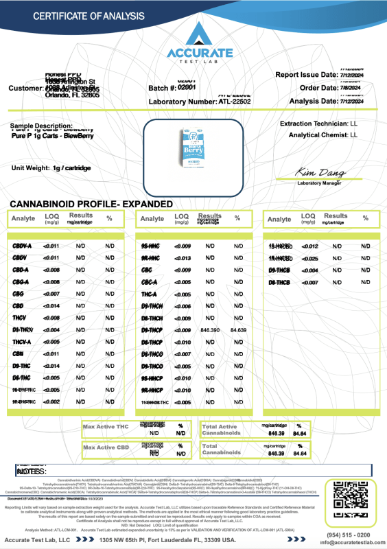 Blew Berry Cartridge 1g THCp Pure P's - sold by Green Treez Company