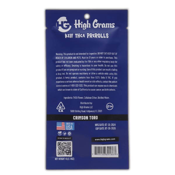 Crimson Toro THCa Kief Prerolls 2x 1g - sold by Green Treez Company