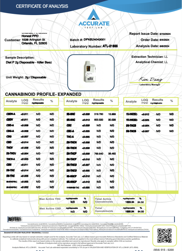 Killer Beez Disposable 2g THCp HHC Diet P's - sold by Green Treez Company