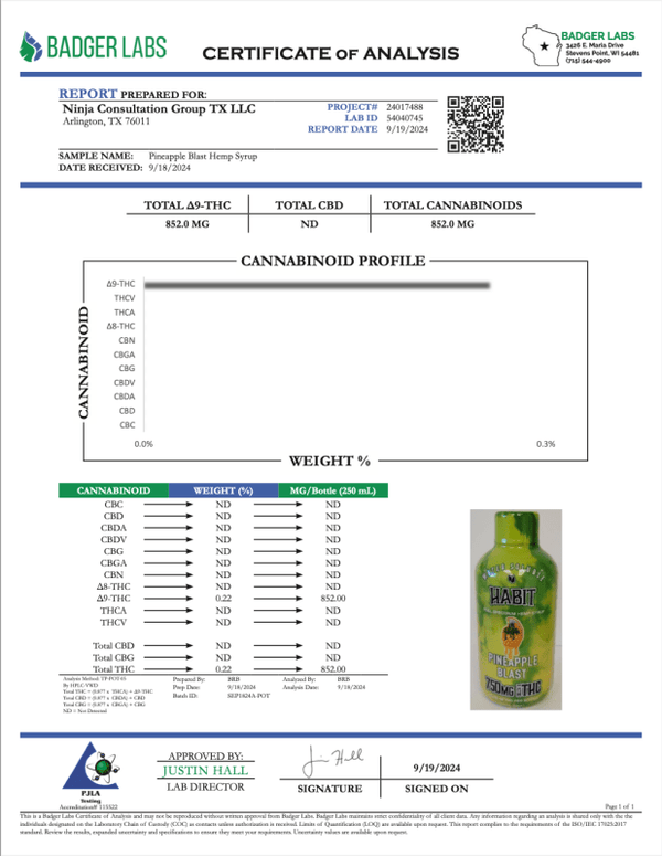 Pineapple Blast Syrup 750mg Delta 9 THC - sold by Green Treez Company