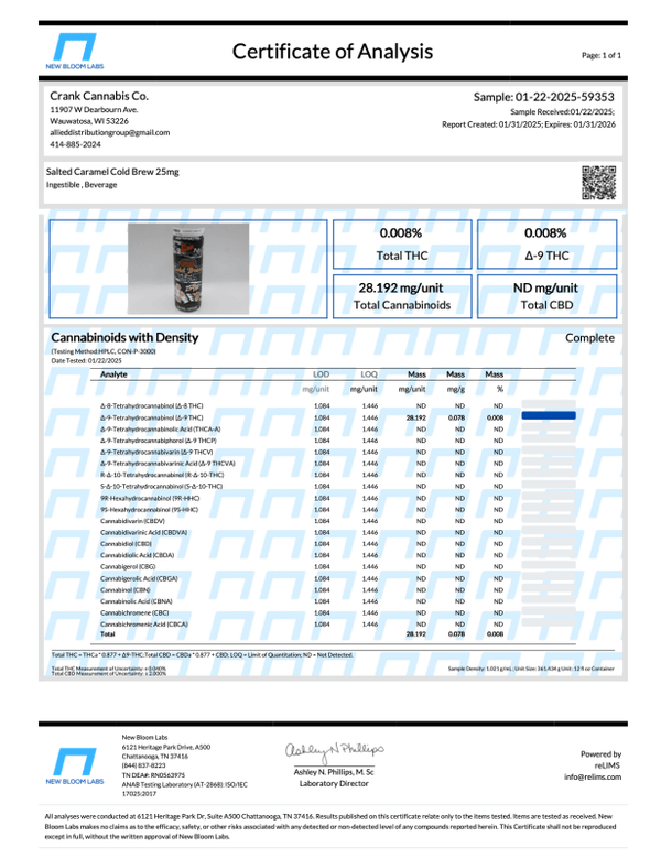 Salted Caramel Cold Brew 25mg THC 50mg Caffeine - sold by Green Treez Company