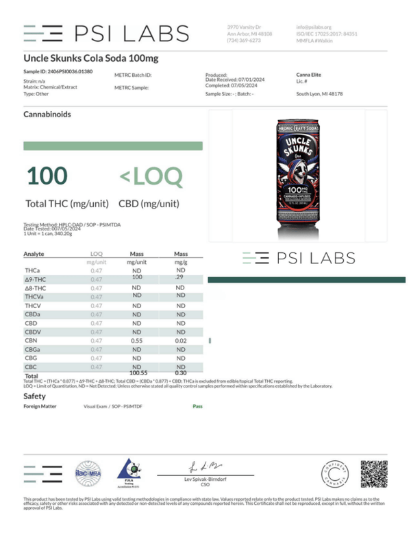 Uncle Skunks Cherry Cola Soda 25mg Delta 9 THC - sold by Green Treez Company